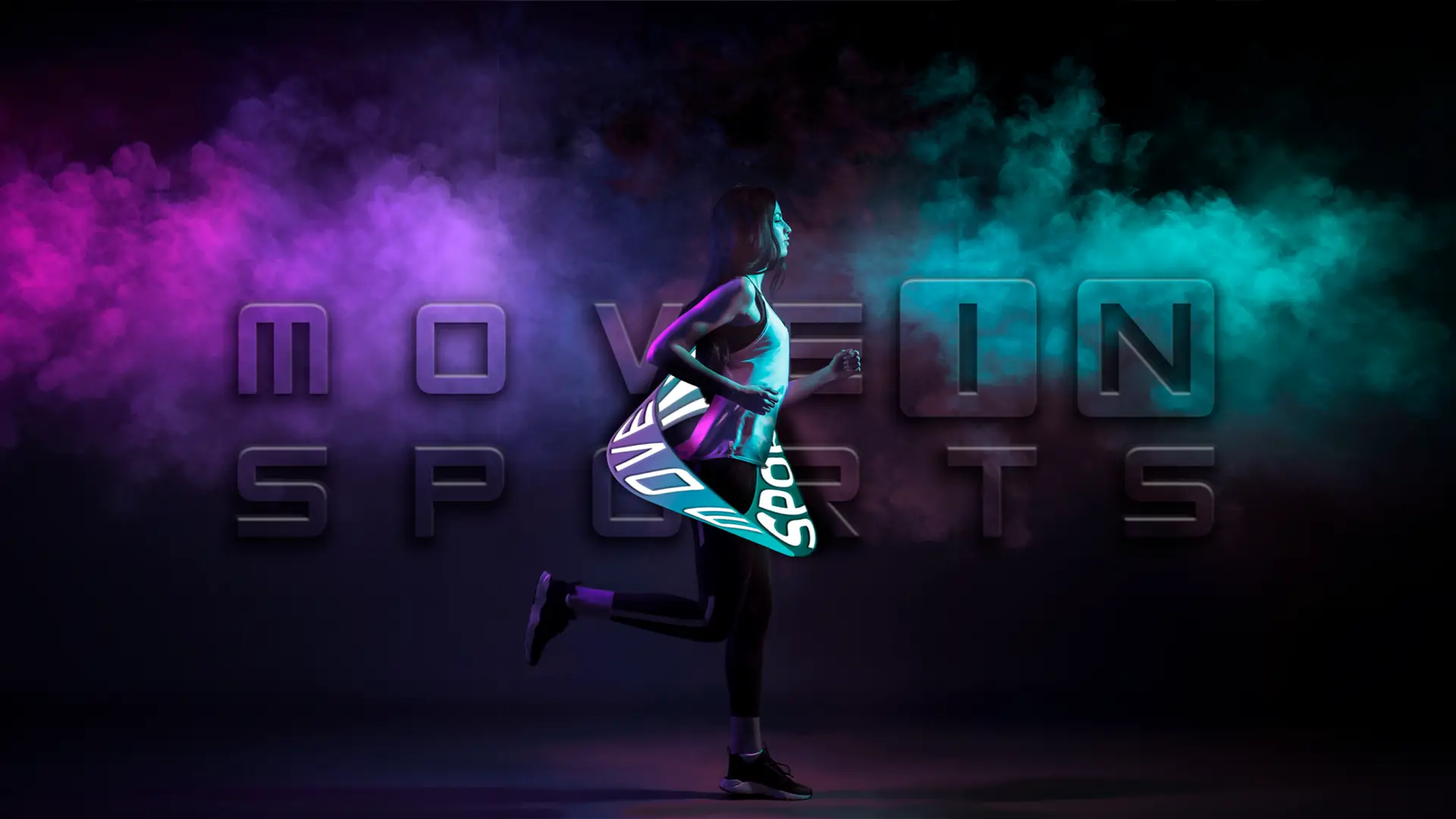 Arte institucional Move In Sports com atmosfera neon